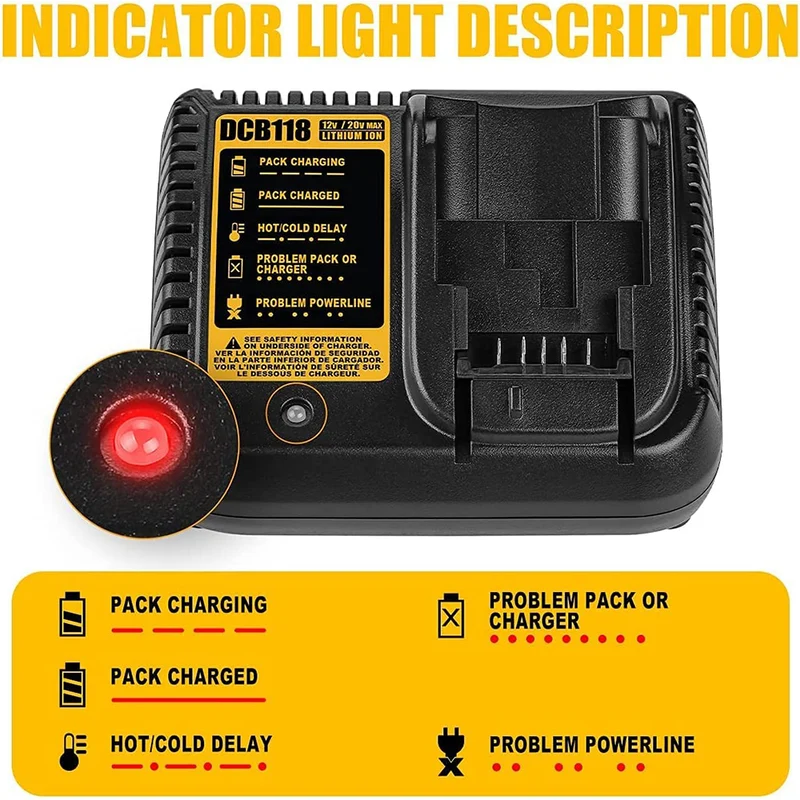 Replacement Fast Battery Charger DCB118 for Dewalt 20V MAX Battery Charger for Dewalt Battery DCB205 DCB204 DCB206 Replace DCB107 DCB112