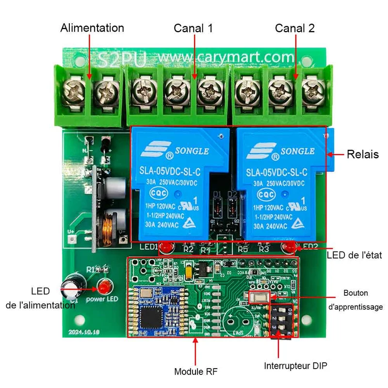 2 Voie 30A relais interrupteur sans fil 10~80V avec 5km télécommande (Modèle: 0020105)