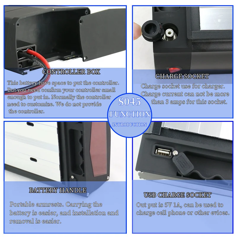 48V 52V 20Ah lithium-ion Ebike Battery Pack 40A BMS For 250W To 1500W With Black V Brake Hanger S045