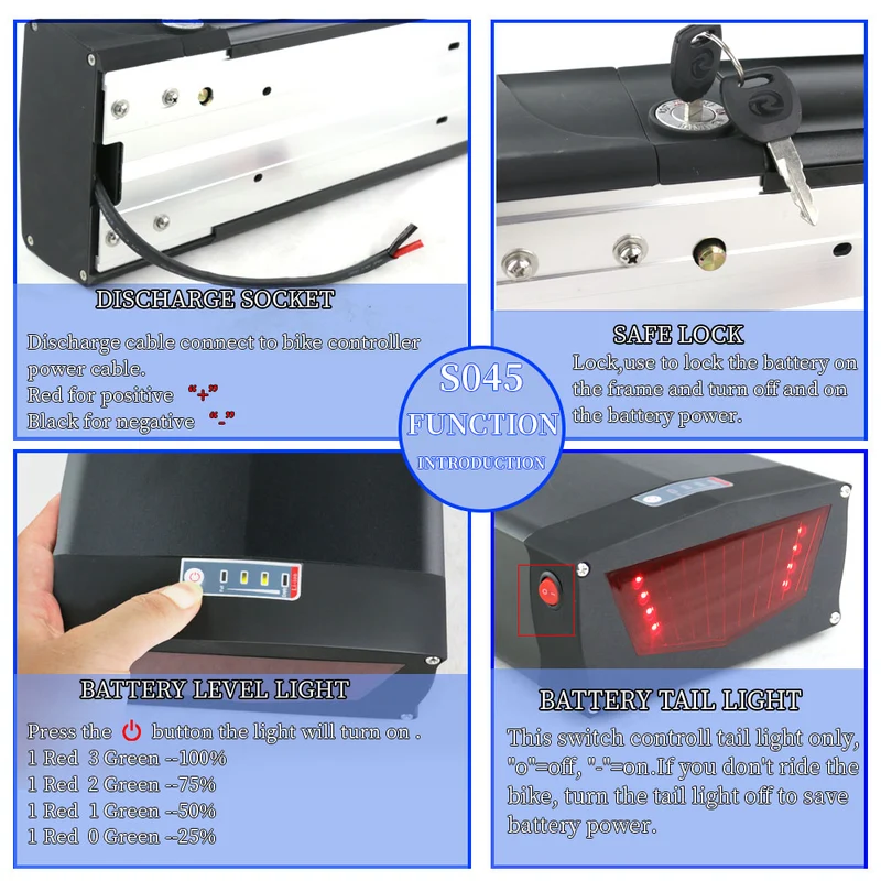 US Stock 48V 20Ah battery black lithium-ion Ebike with 50A BMS XT60 for outdoors S045 black