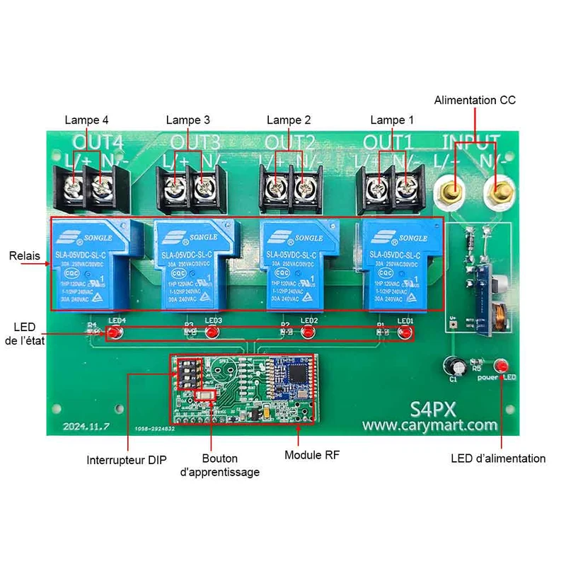 4 Voies 30A interrupteur sans fil sortie CC avec télécommande 5km (Modèle: 0020671)