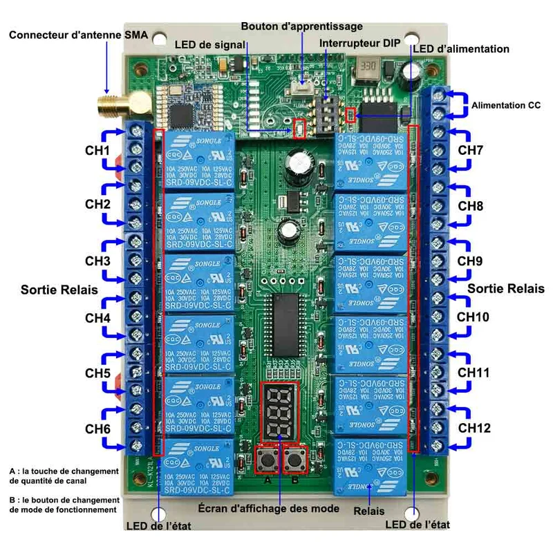 12 voies CC kit interrupteur relais sans fil avec télécommande 5km (Modèle: 0020033)