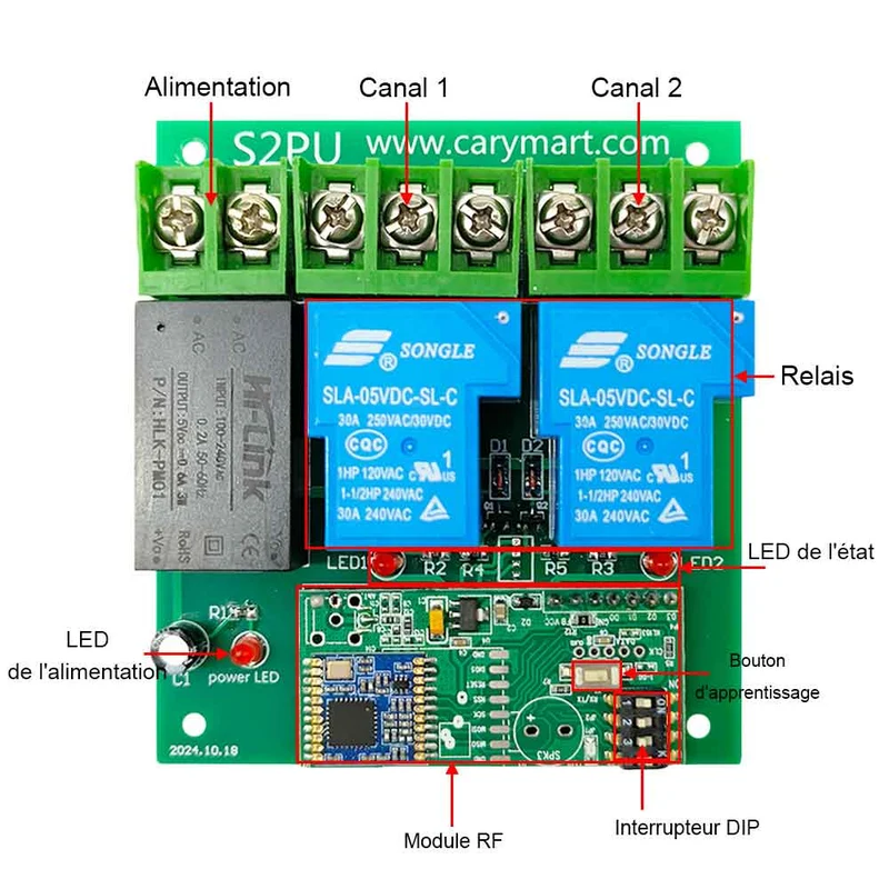 230V récepteur interrupteur sans fil, 2 voies 10A relais 5km (Modèle: 0020103)