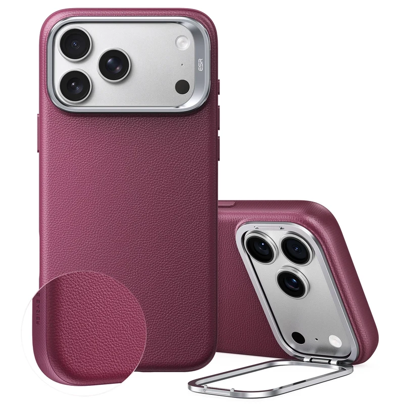 iPhone 17 Pro Max Atelier Silicone Leather Magnetic Case with Camera Control and Flex Stand - Deep Burgundy