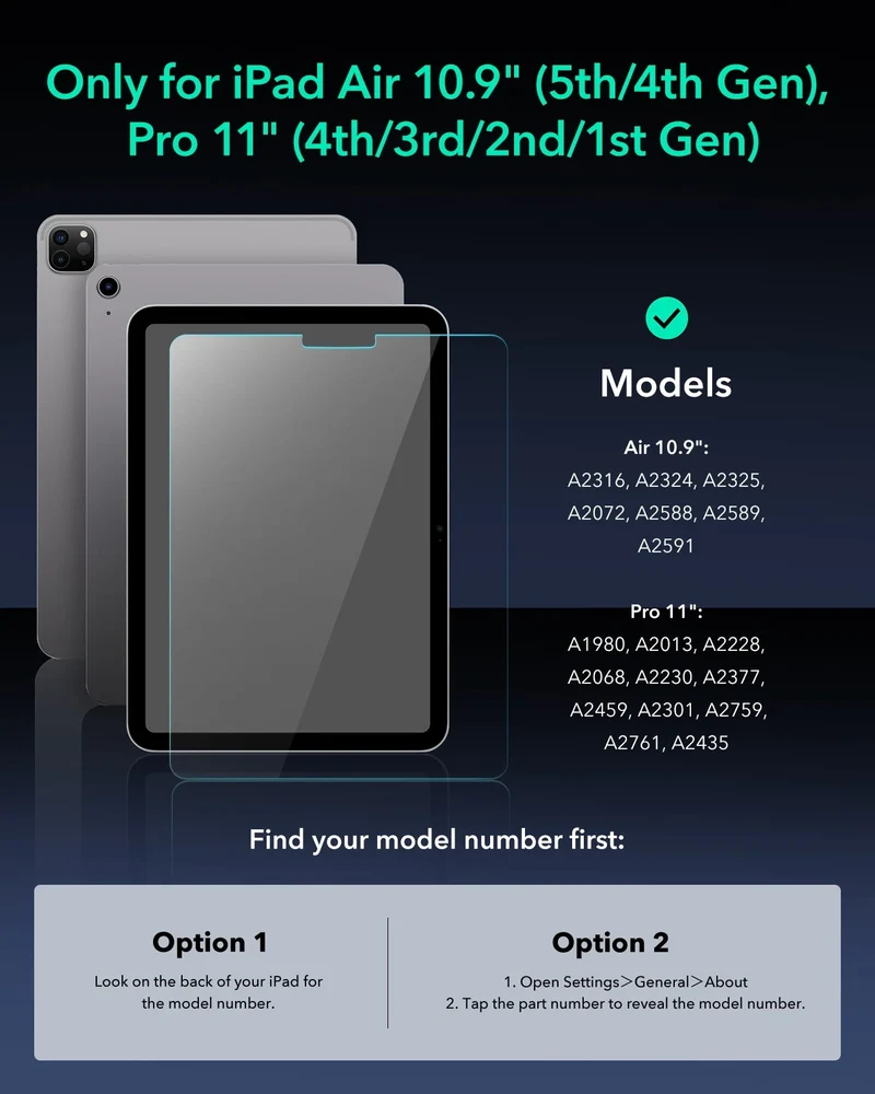 iPad Pro 11″ (4th/3rd/2nd/1st Gen) and Air 10.9″ (5th/4th Gen) Armorite Screen Protector - 2 Pack