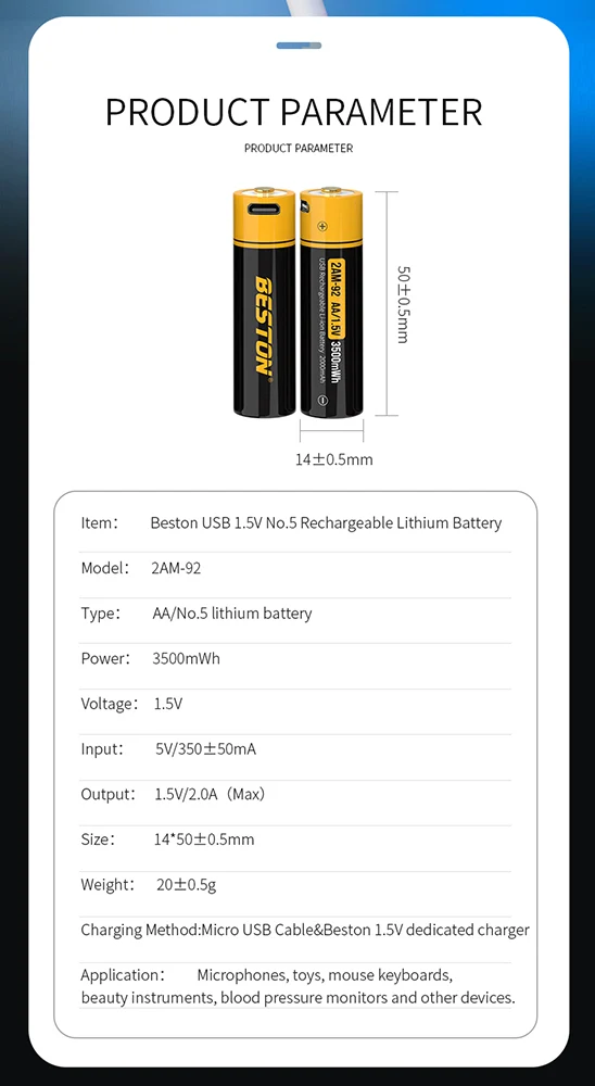 1.5V 3500mWh Li-ion Rechargeable battery Aa Size Double A Micro USB battery