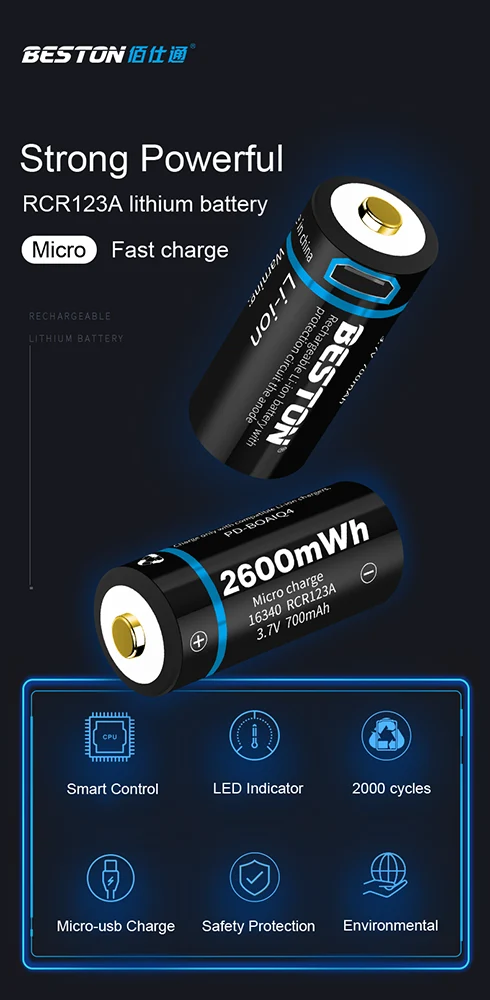 3.7v 650mAh ICR 16340 RCR123A Beston New function li ion USB rechargeable battery