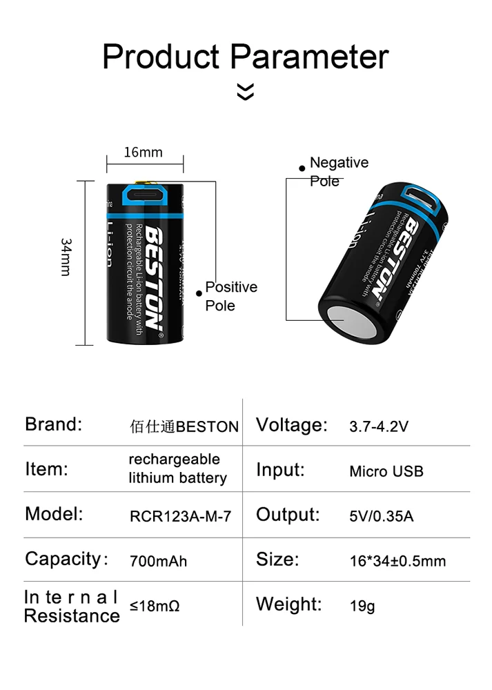 3.7v 650mAh ICR 16340 RCR123A Beston New function li ion USB rechargeable battery