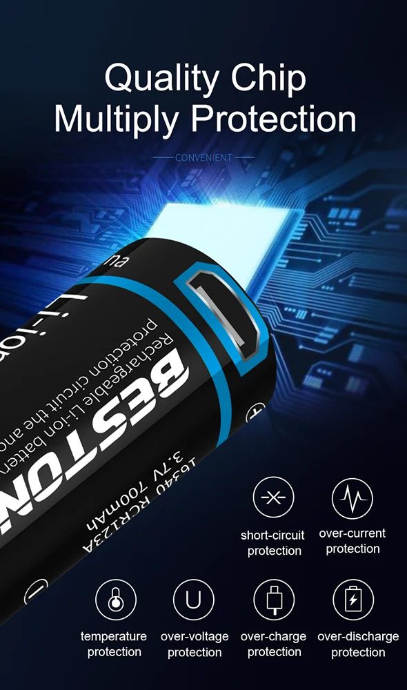 3.7v 650mAh ICR 16340 RCR123A Beston New function li ion USB rechargeable battery