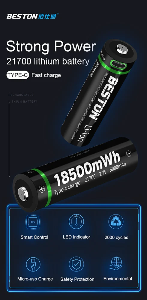 2pcs 21700 3.7V 5000mAh Type-C Rechargeable Lithium Battery for Torch