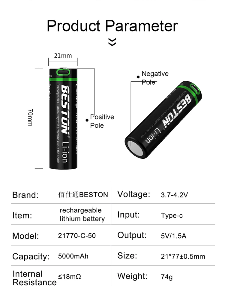 2pcs 21700 3.7V 5000mAh Type-C Rechargeable Lithium Battery for Torch
