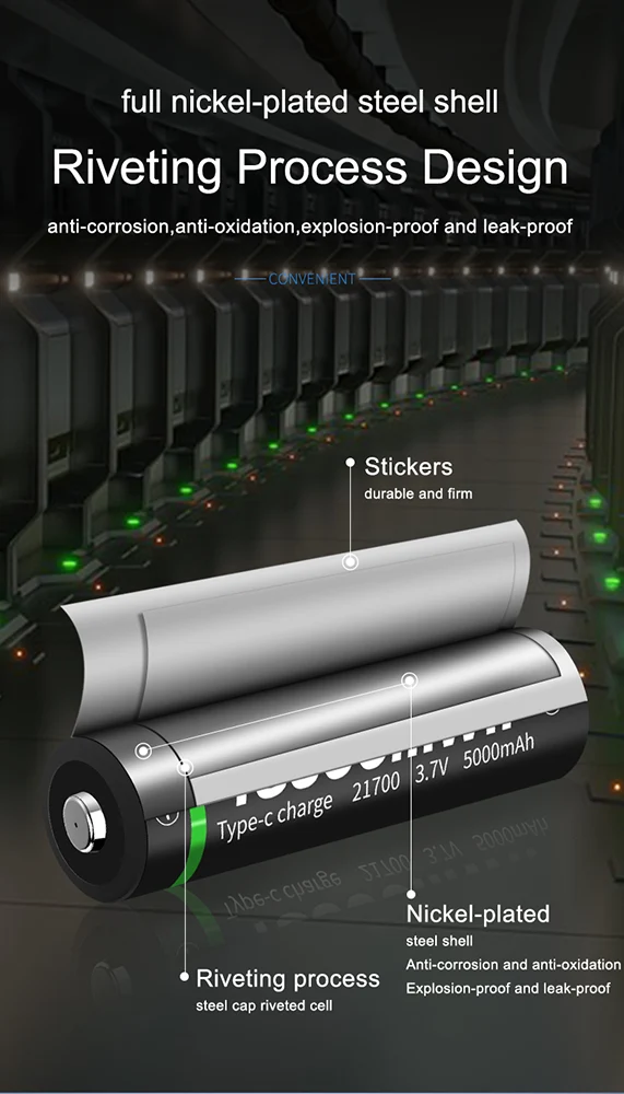 2pcs 21700 3.7V 5000mAh Type-C Rechargeable Lithium Battery for Torch