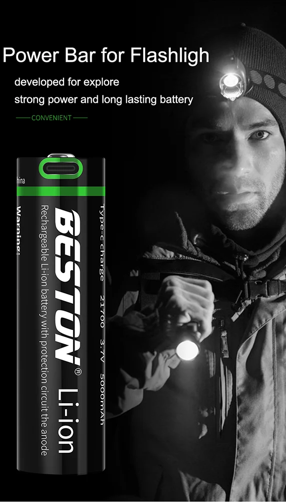 2pcs 21700 3.7V 5000mAh Type-C Rechargeable Lithium Battery for Torch