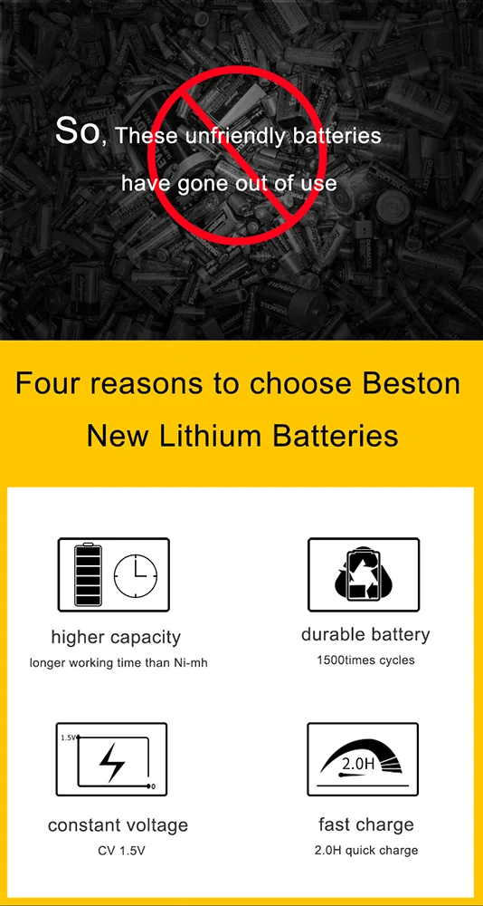 1.5V Lithium Battery Cell 3500mWh Beston Long Lasting USB Rechargeable Double A Li-ion Batteries