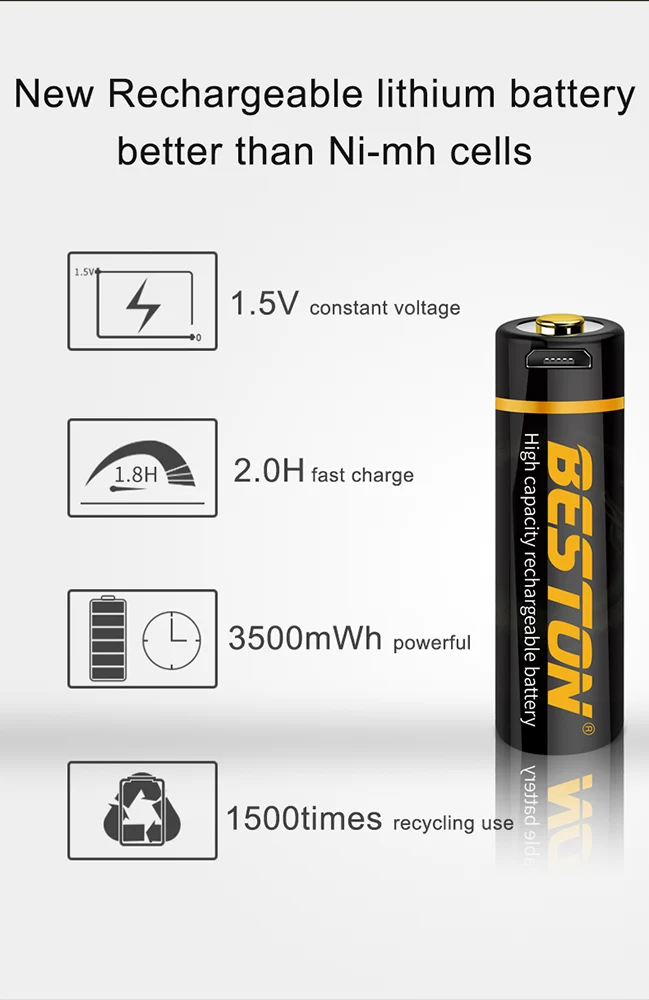 1.5V Lithium Battery Cell 3500mWh Beston Long Lasting USB Rechargeable Double A Li-ion Batteries