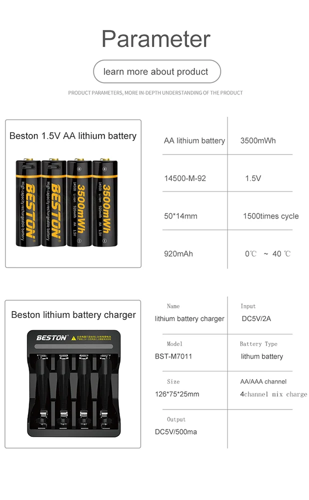 1.5V Lithium Battery Cell 3500mWh Beston Long Lasting USB Rechargeable Double A Li-ion Batteries