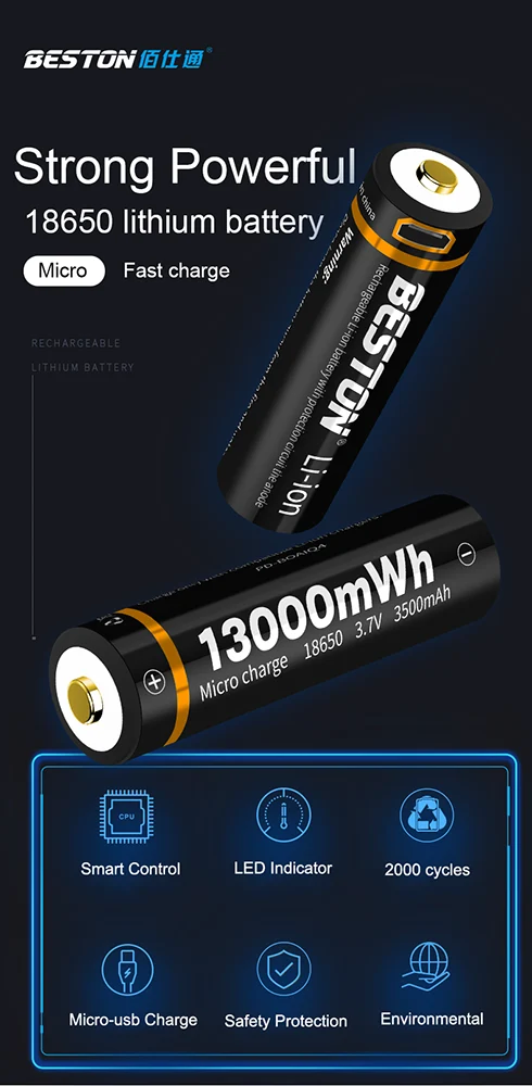 3.6V 18650 USB Rechargeable Lithium Battery Beston 3500mAh Li-ion Batteries for Flashlight
