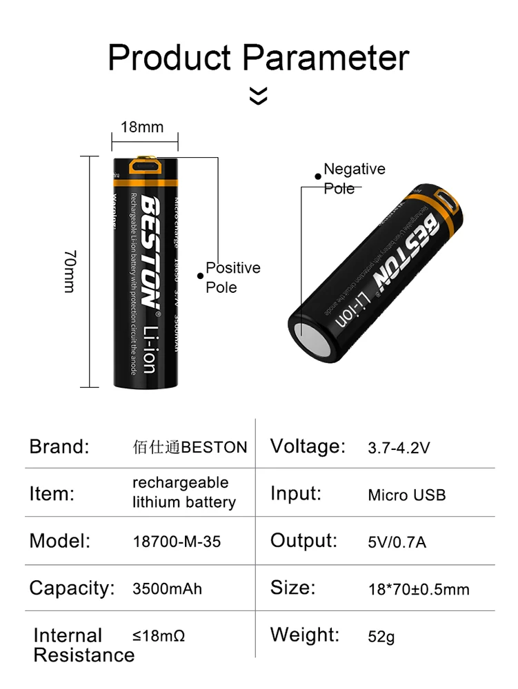 3.6V 18650 USB Rechargeable Lithium Battery Beston 3500mAh Li-ion Batteries for Flashlight