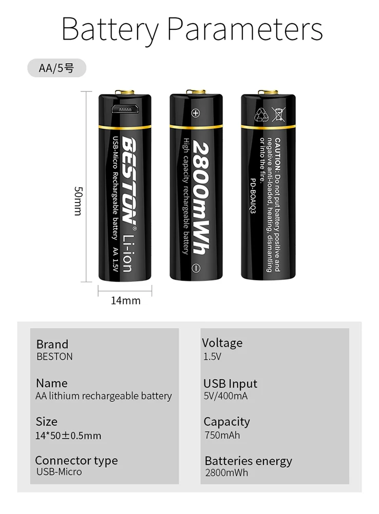 Micro USB 1.5V Li-ion BESTON Rechargeable AA Battery for Toys