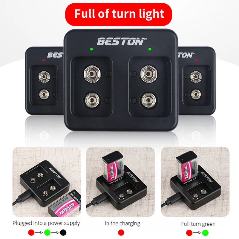 9V BESTON 2 Bay Smart Rechargeable LI-ion Lithium Charger Plus 9V 800mAh Battery Kits