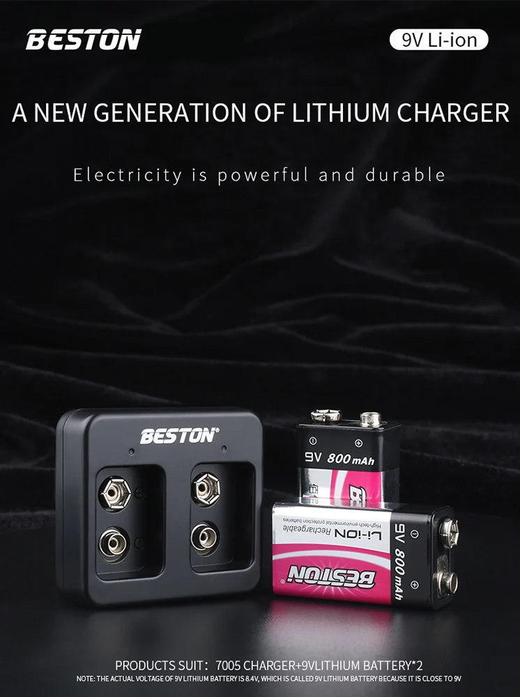 9V BESTON 2 Bay Smart Rechargeable LI-ion Lithium Charger Plus 9V 800mAh Battery Kits