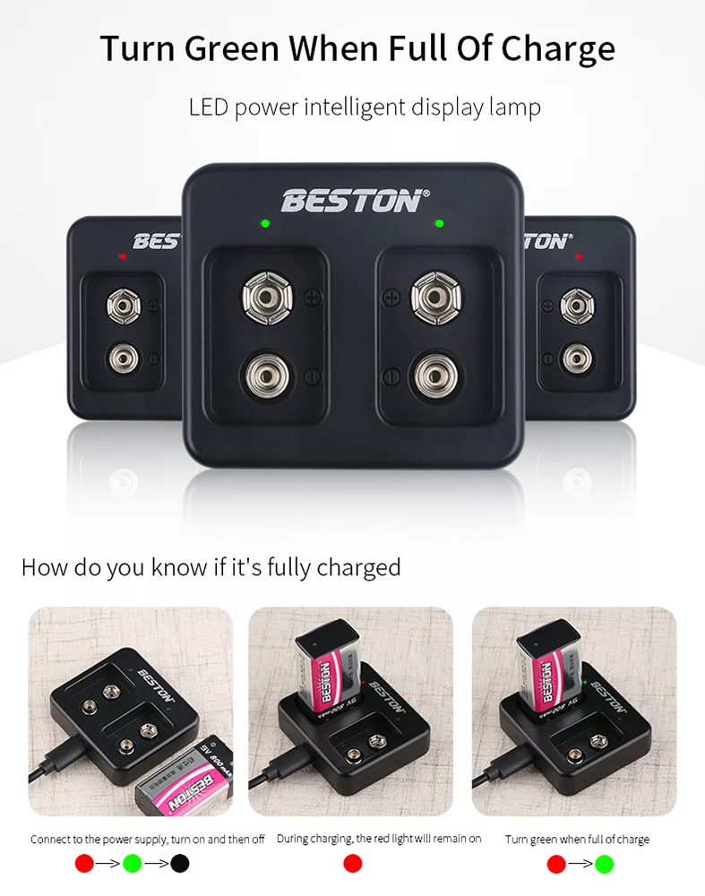 9V BESTON 2 Bay Smart Rechargeable LI-ion Lithium Charger Plus 9V 800mAh Battery Kits