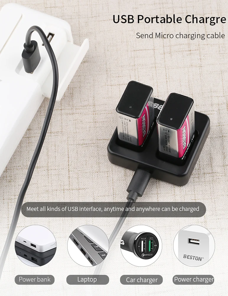 9V BESTON 2 Bay Smart Rechargeable LI-ion Lithium Charger Plus 9V 800mAh Battery Kits