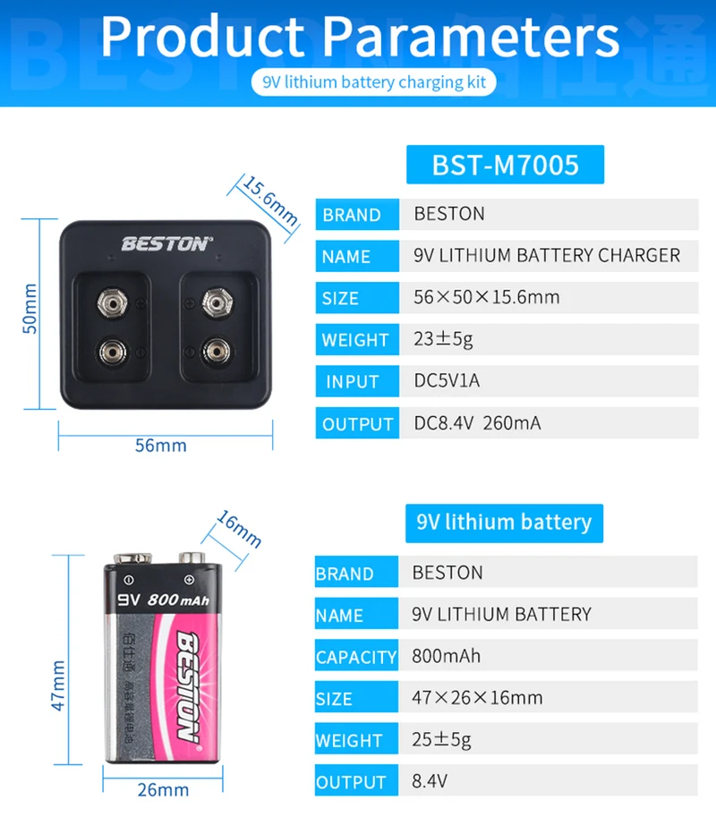 9V BESTON 2 Bay Smart Rechargeable LI-ion Lithium Charger Plus 9V 800mAh Battery Kits