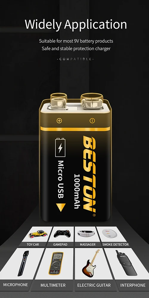 1000mAh BESTON High quality Micro USB 9V li-ion Rechargeable Battery for Multimeter and Electronic Instrument
