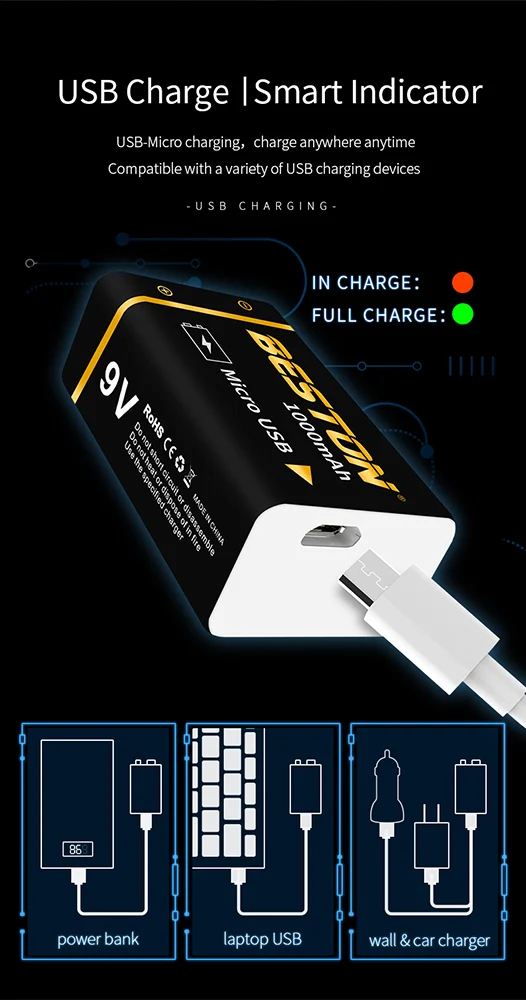 1000mAh BESTON High quality Micro USB 9V li-ion Rechargeable Battery for Multimeter and Electronic Instrument