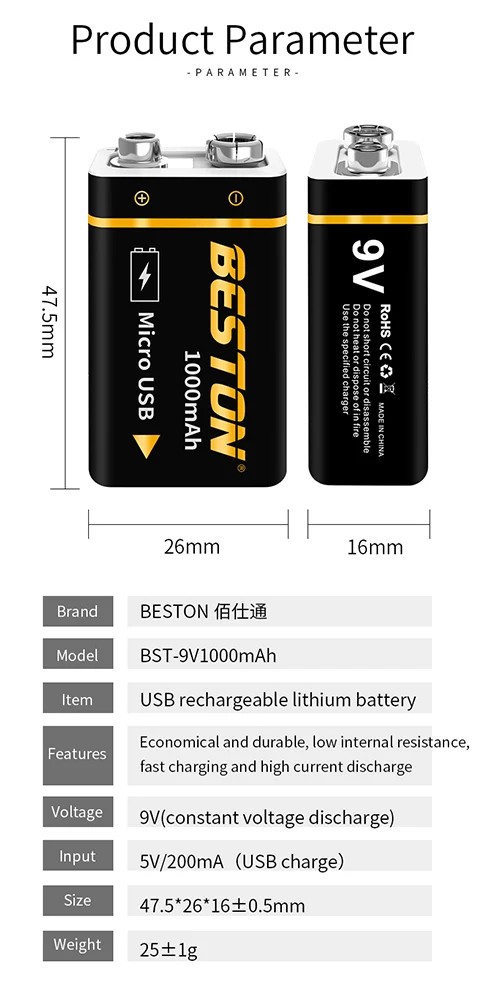 1000mAh BESTON High quality Micro USB 9V li-ion Rechargeable Battery for Multimeter and Electronic Instrument