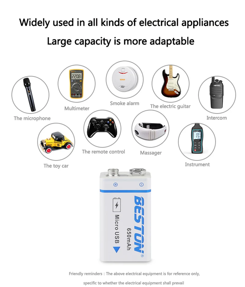 1000mAh BESTON High quality Micro USB 9V li-ion Rechargeable Battery for Multimeter and Electronic Instrument