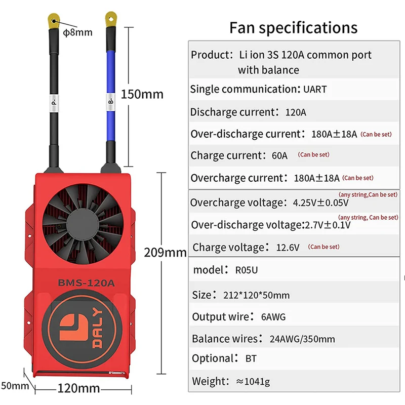 Daly smart bms Li-ion 3S 12V 120A bluetooth BMS FAN board