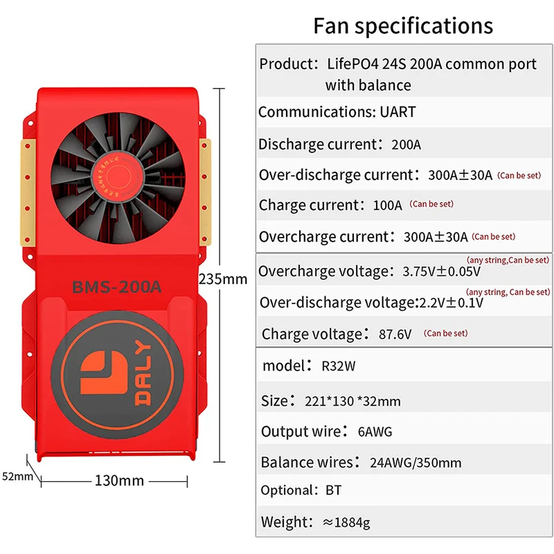 Daly smart bms LifePO4 24S 72V 200A bluetooth BMS FAN board 52 130 235