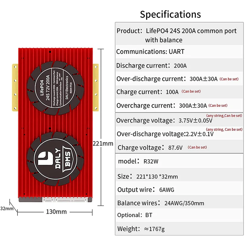 Daly smart bms LifePO4 24S 72V 200A bluetooth BMS board 32130221