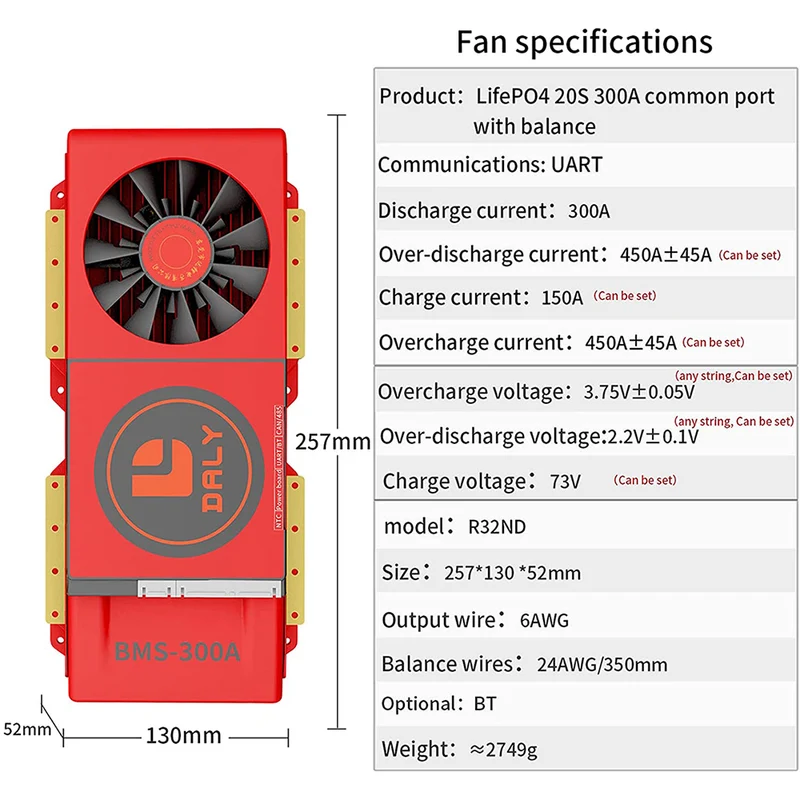 Daly smart bms LifePO4 20S 60V 300A Li-ion 20S 72V 300A bluetooth BMS FAN board 52 130 257