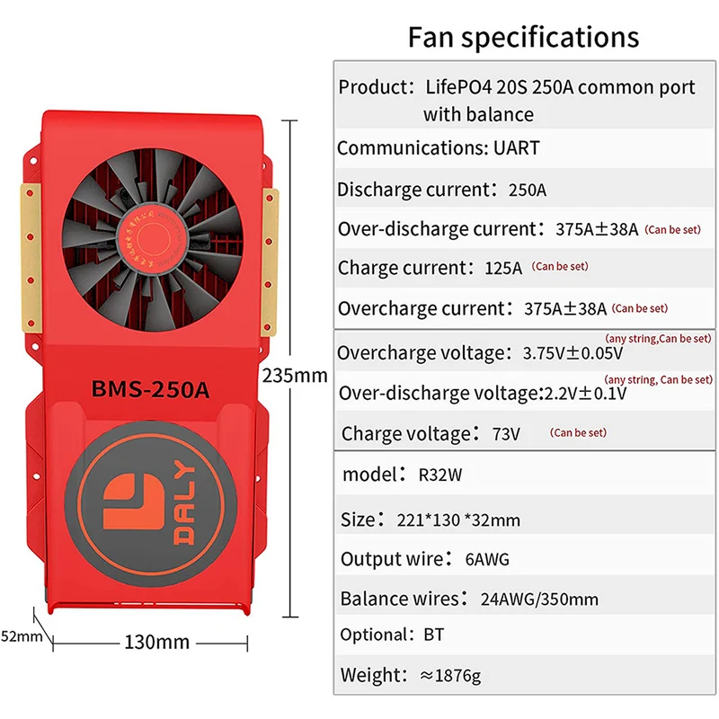 Daly smart bms LifePO4 20S 60V 250A Li-ion 20S 72V 250A bluetooth BMS FAN board 52 130 235