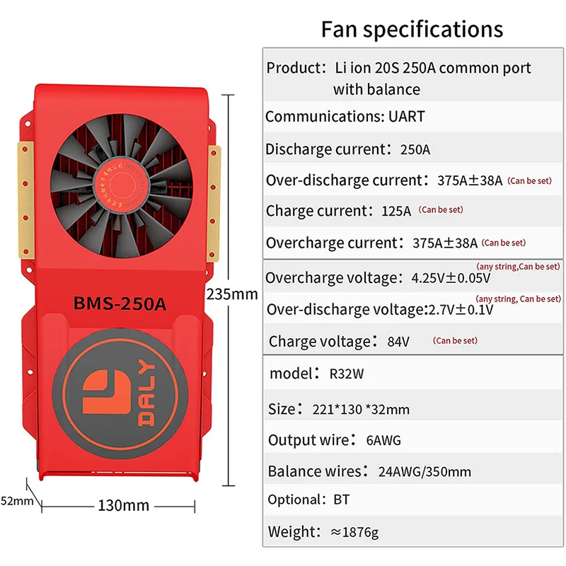 Daly smart bms LifePO4 20S 60V 250A Li-ion 20S 72V 250A bluetooth BMS FAN board 52 130 235