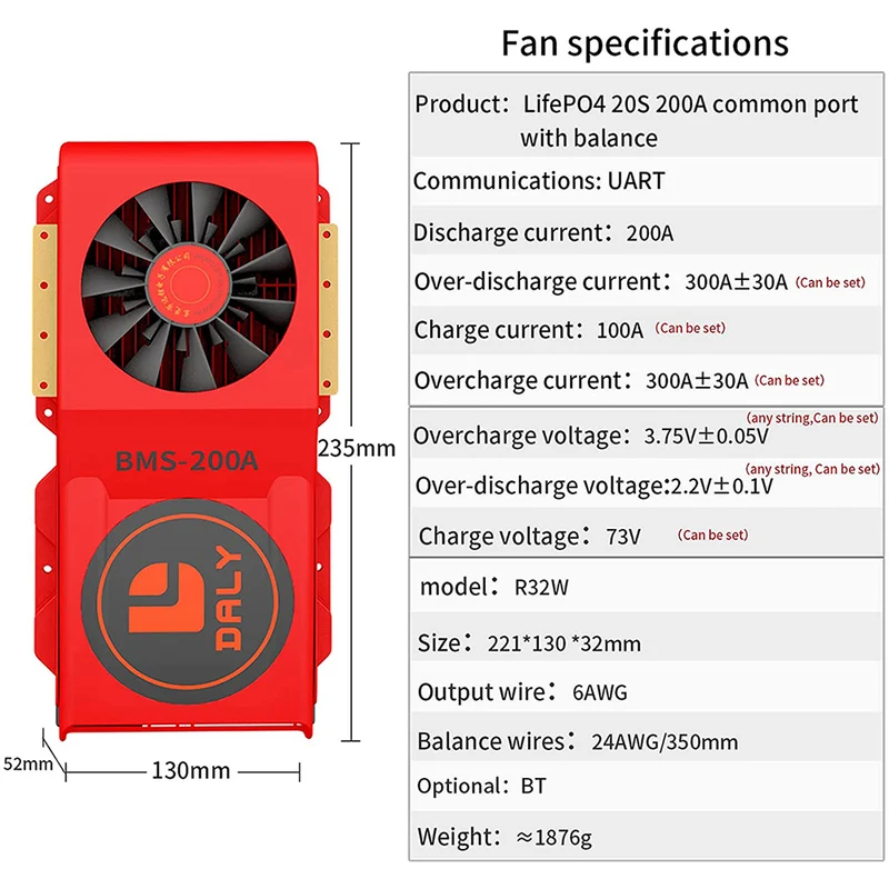 Daly smart bms LifePO4 20S 60V 200A Li-ion 20S 72V 200A bluetooth BMS FAN board 52 130 235