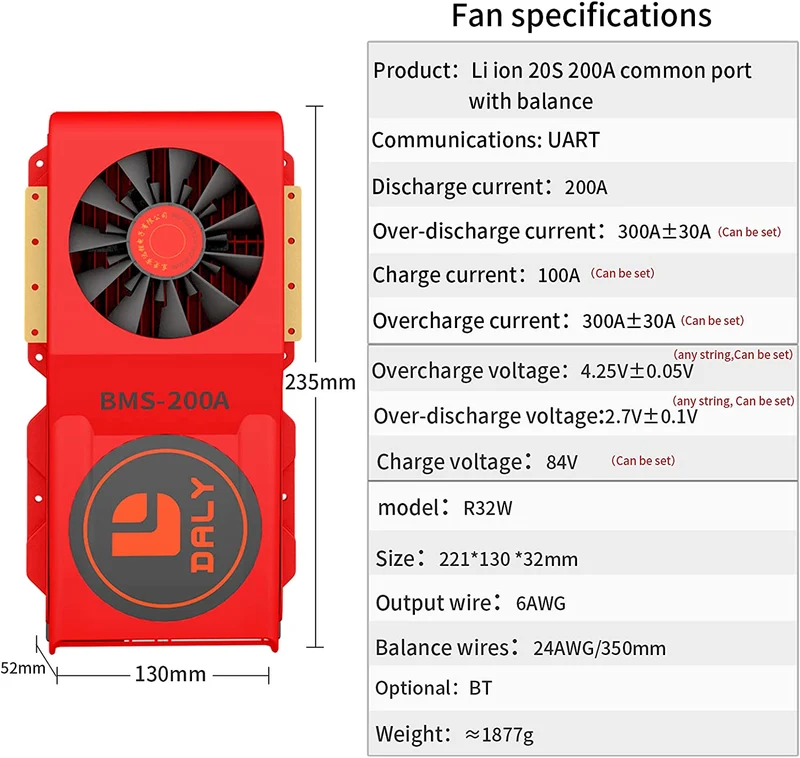 Daly smart bms LifePO4 20S 60V 200A Li-ion 20S 72V 200A bluetooth BMS FAN board 52 130 235