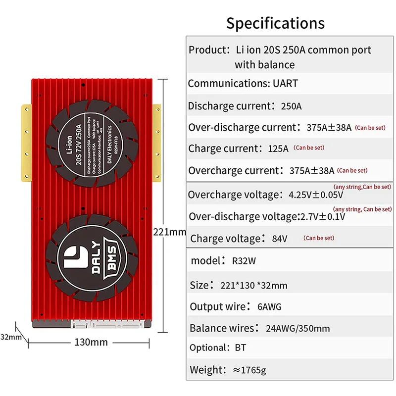 Daly smart bms LifePO4 20S 60V 250A Li-ion 20S 72V 250A bluetooth BMS board 32130221
