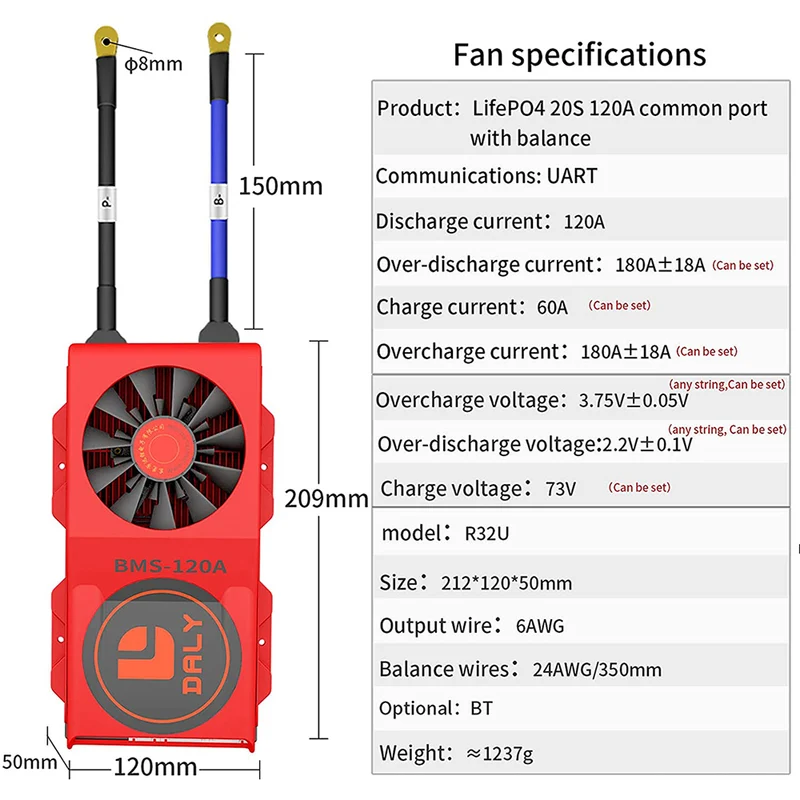 Daly smart bms LifePO4 20S 60V 120A Li-ion 20S 72V 120A bluetooth BMS FAN board 50 120 209