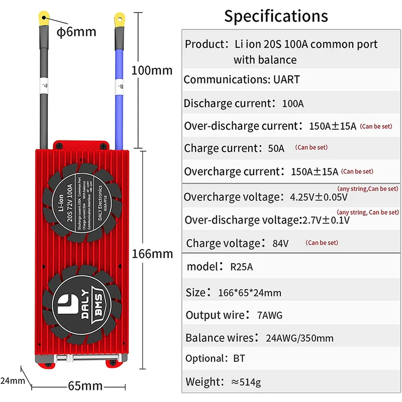 Daly smart bms Li-ion 20S 72V 100A bluetooth BMS board 24 65 166