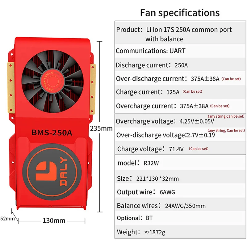 Daly smart bms Li-ion 17S 60V 250A bluetooth BMS FAN board 52 130 235