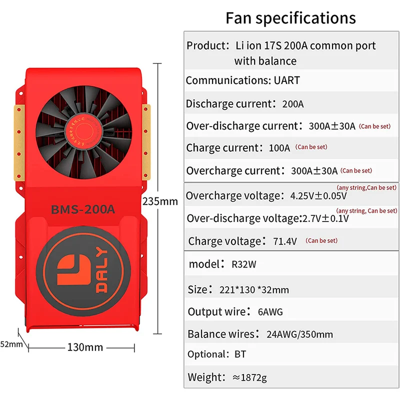 Daly smart bms Li-ion 17S 60V 200A bluetooth BMS FAN board 52 130 235