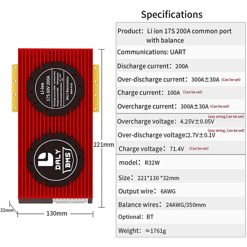 Daly smart bms Li-ion 17S 60V 200A bluetooth BMS board 32130221