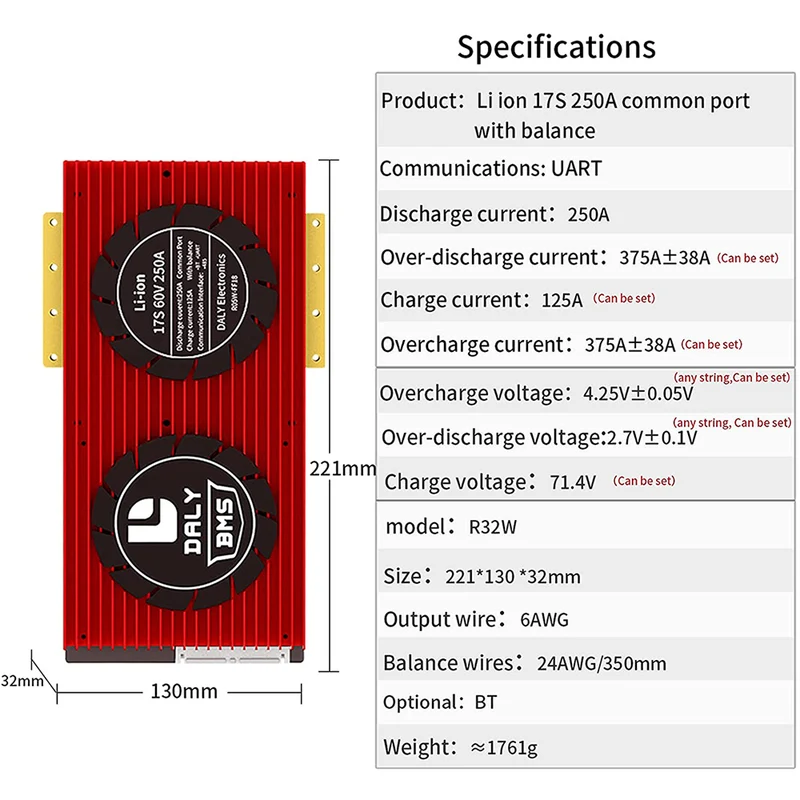 Daly smart bms Li-ion 17S 60V 250A bluetooth BMS board 32130221