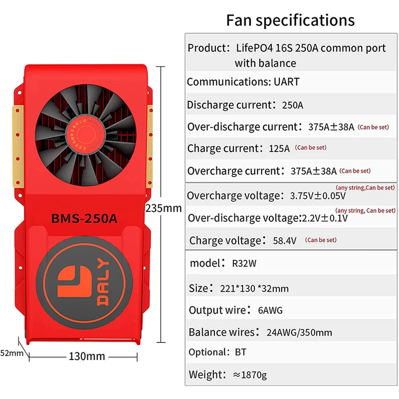 Daly smart bms Lifepo4 16S 48V 250A Li-ion 16S 60V 250A bluetooth BMS FAN board 52 130 235