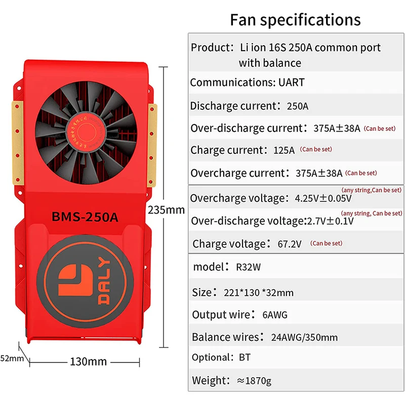 Daly smart bms Lifepo4 16S 48V 250A Li-ion 16S 60V 250A bluetooth BMS FAN board 52 130 235