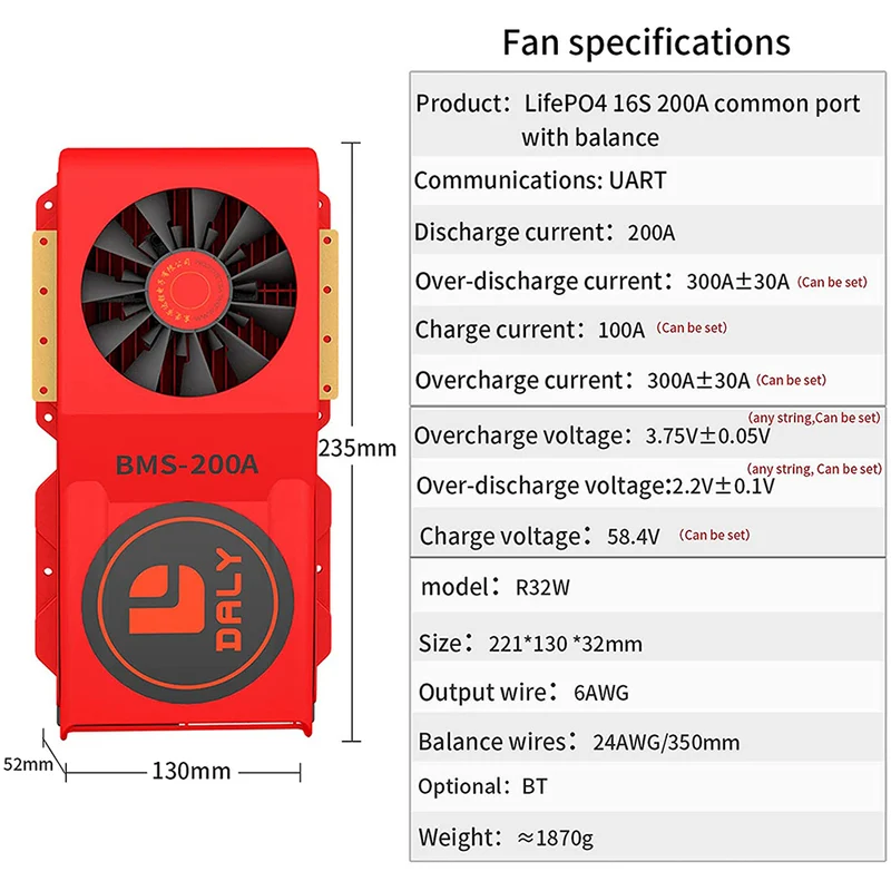 Daly smart bms Lifepo4 16S 48V 200A Li-ion 16S 60V 250A bluetooth BMS FAN board 52 130 235